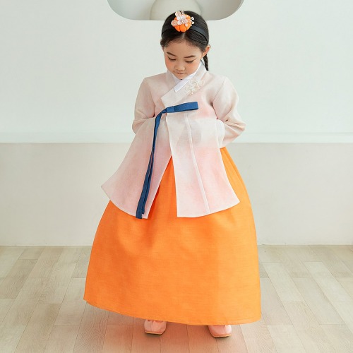 민한복 오렌지 프리미엄 전통 여아 고급 한복 설빔 어린이 아동 돌 백일 아기 드레스 유아