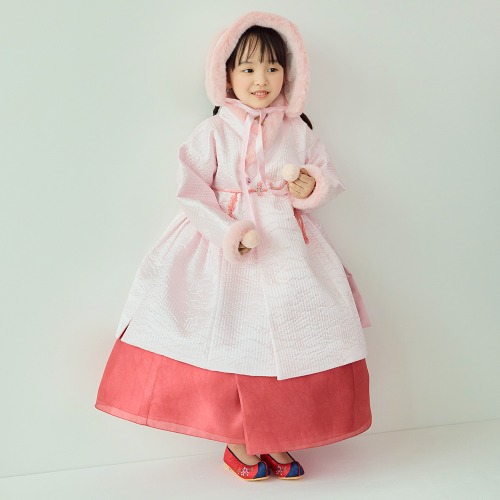 민한복 핑크 밍크털 두루마기 프리미엄 전통 고급 한복 설빔 어린이 아동 돌 백일 아기 드레스 유아